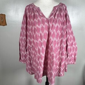 NWT J. Jill Purejill Sz XL Rose Pink Ikat Print 3/4 Sleeve V Neck Popover Top